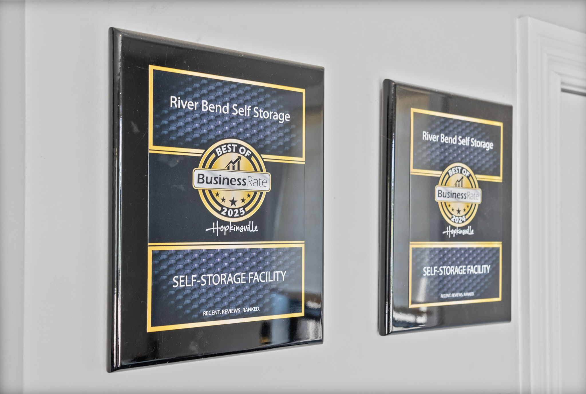 riverbend-self-storage-award-plaques-hopkinsville-ky Award plaques displayed at Riverbend Self Storage in Hopkinsville, Kentucky